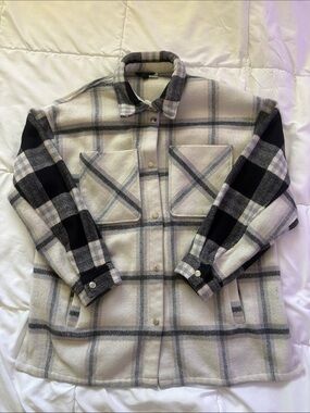 H&M Cream and Black Plaid Shacket Jacket